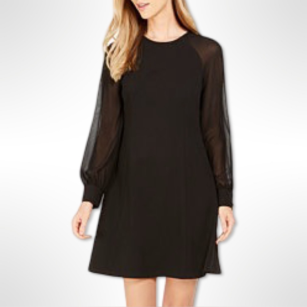 Calvin Klein Black Illusion Sleeve Chiffon A-line Dress Size 4 Black LBD